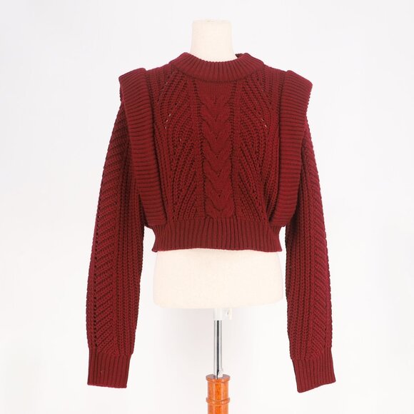 ENGLISH FACTORY Cable Knit Crop Sweater Wide Ribbed Shoulder Burgundy Size M - Picture 2 of 7